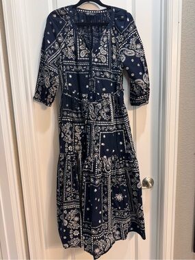 M&S Collection Blue Floral Dress Sz12 3/4 Sleeve Split Vneck Tiered SlidePockets